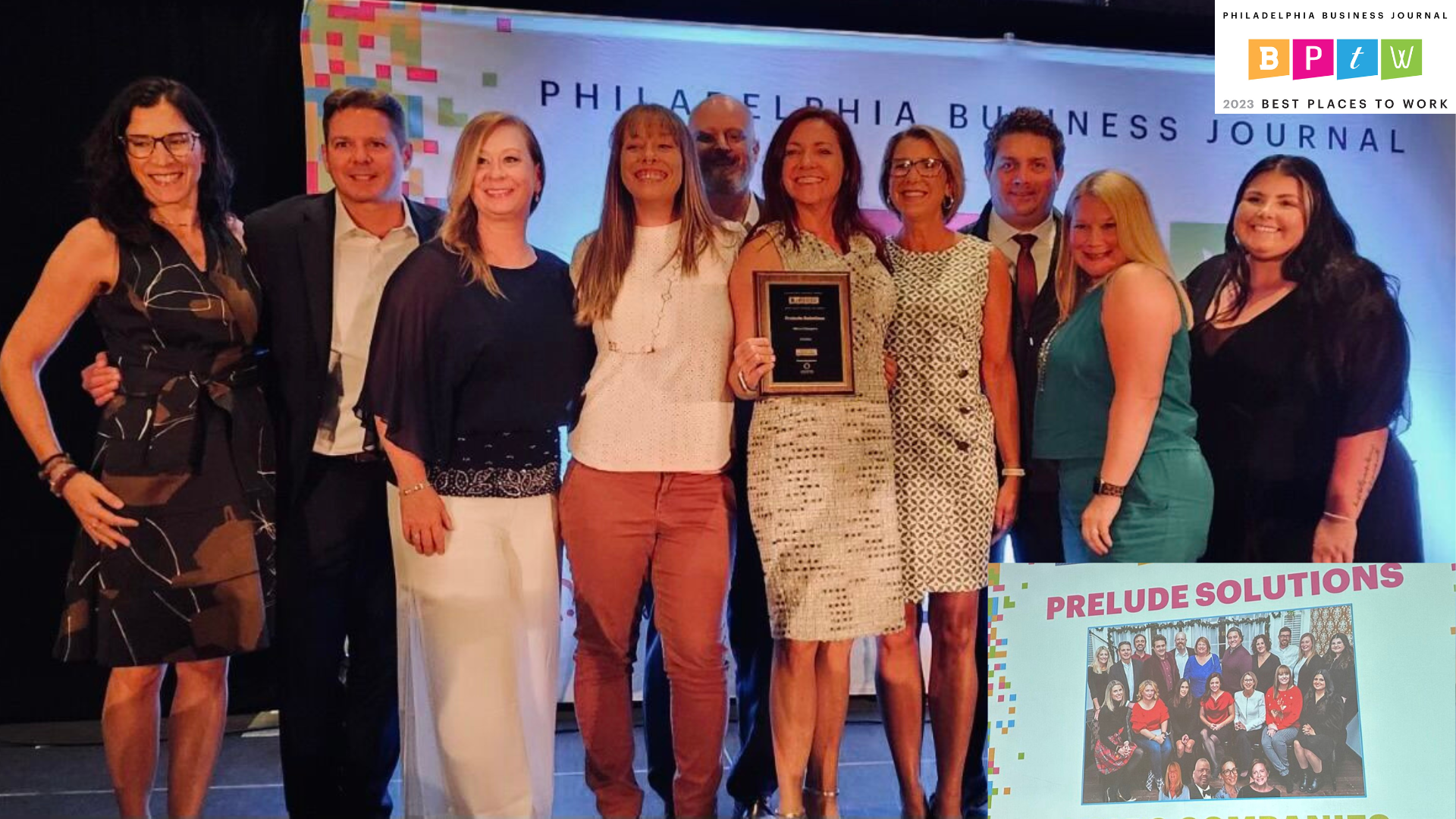 Prelude Solutions employees accepting an award from Philadelphia Business Journal as a best place to work.