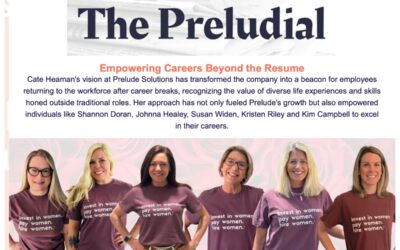 6 of Preludes top female employees posing with "invest in women, pay women, hire women" shirts as the cover of the Preludial newsletter.
